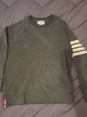 Thom Browne Grey Crewneck Sweater with White Four-Bar Sleeve Stripes